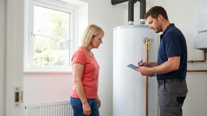 Technician discussing water heater with a homeowner