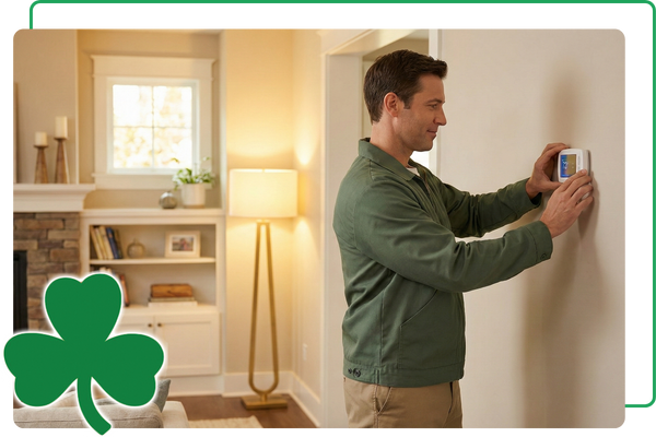 Man adjusting a home furnace thermostat