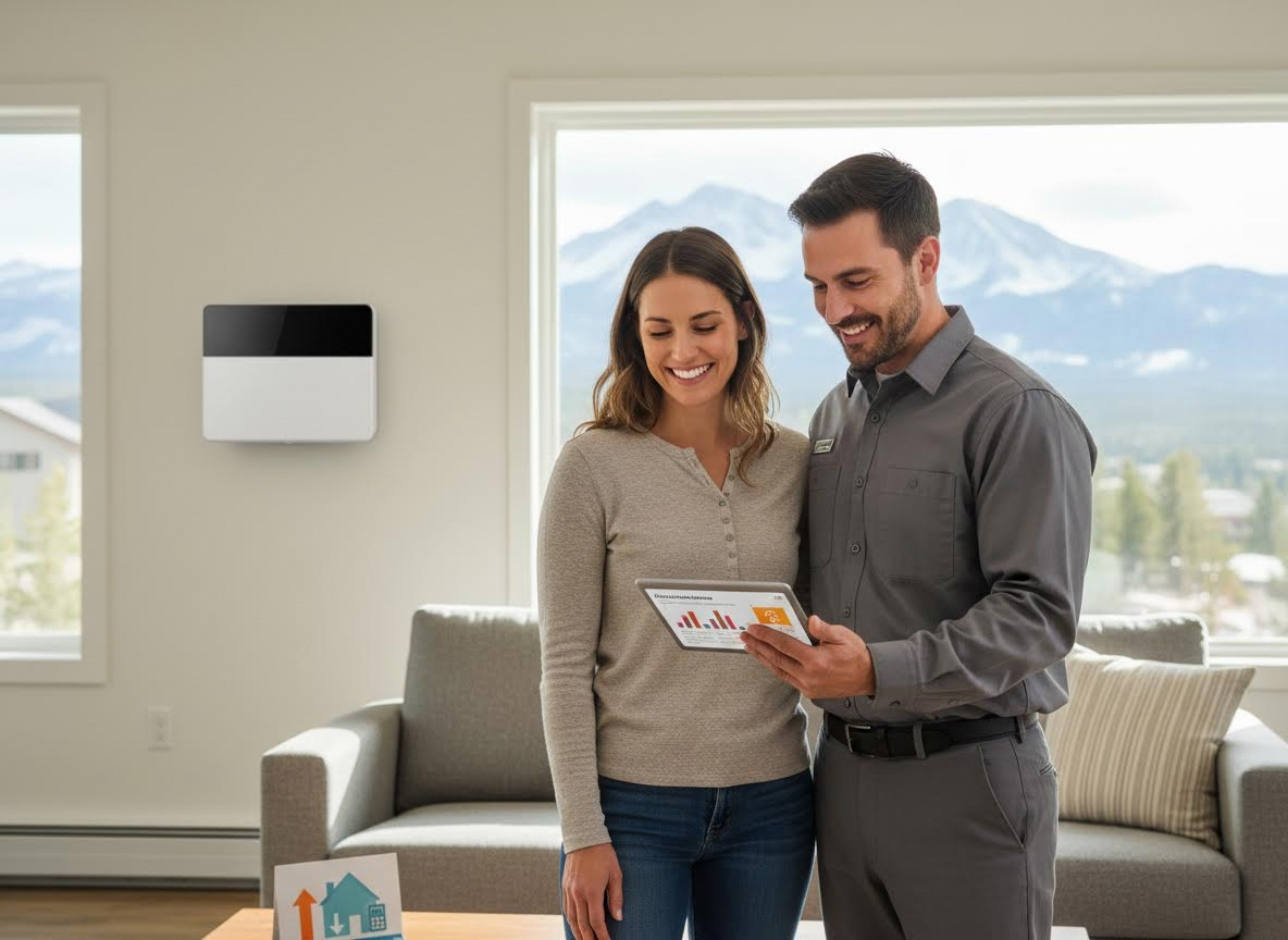 Technician and homeowner reviewing smart home energy data on a tablet