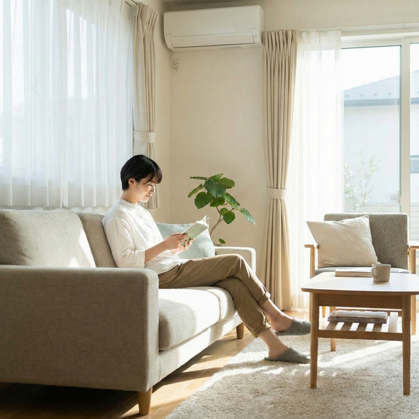 a person reading a book in their living room