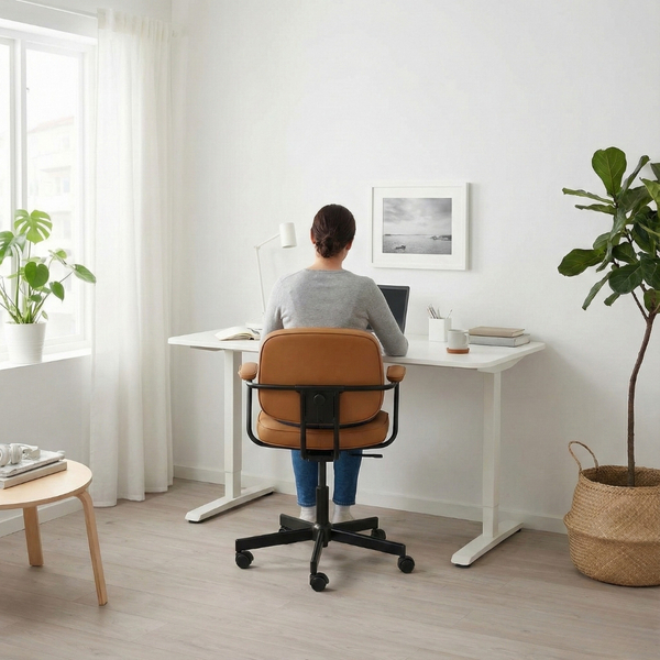 A person working comfortably at a desk in a bright, modern home office.