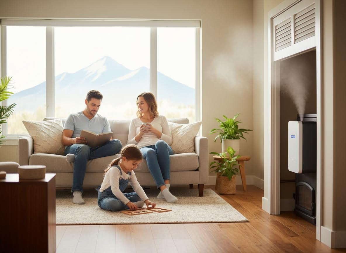 Family enjoying a comfortable living room with a humidifier