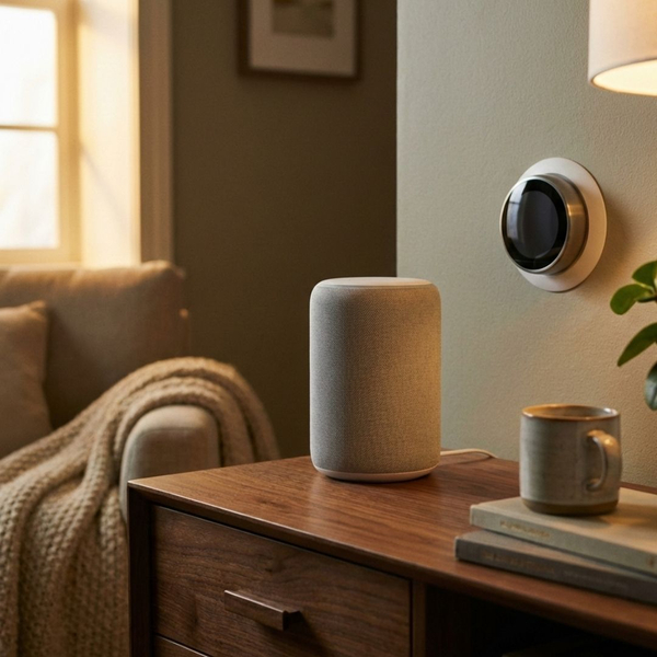 A smart speaker and a wall-mounted smart thermostat in a modern, automated home.