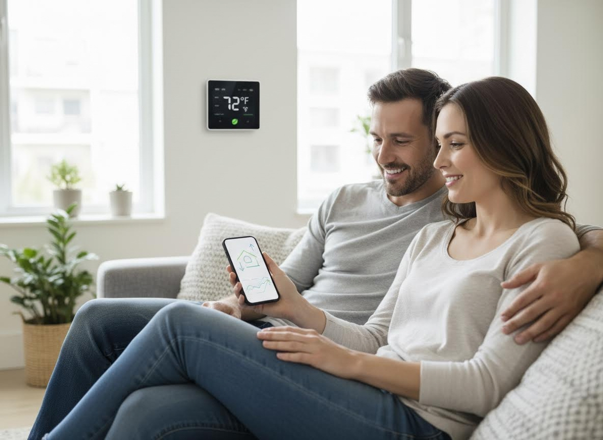Couple using smartphone to control smart thermostat