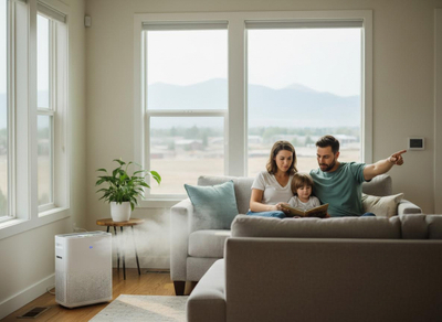 Family in living room with air purifier