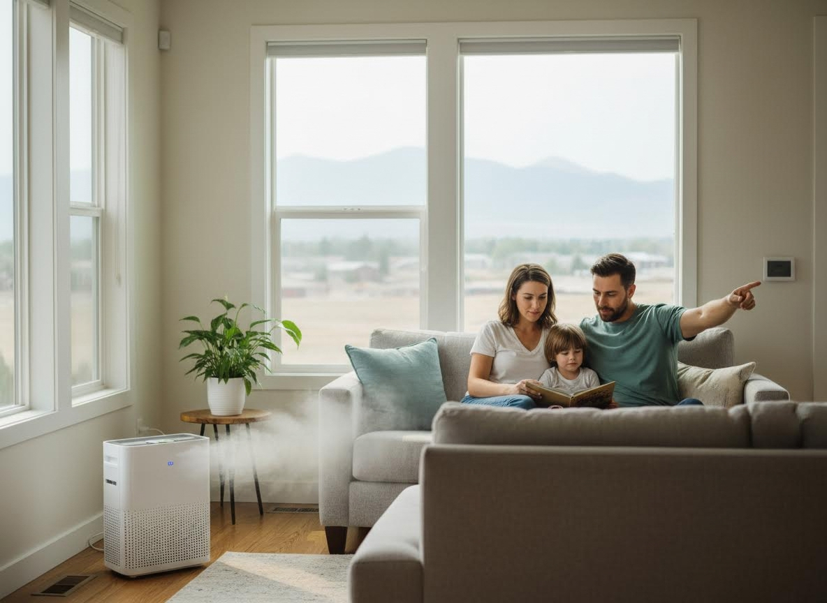 Family in living room with air purifier