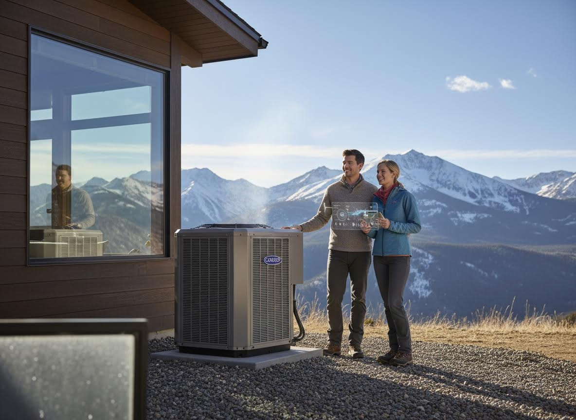 Couple Examining HVAC Unit with Transparent Display in Mountain Landscape