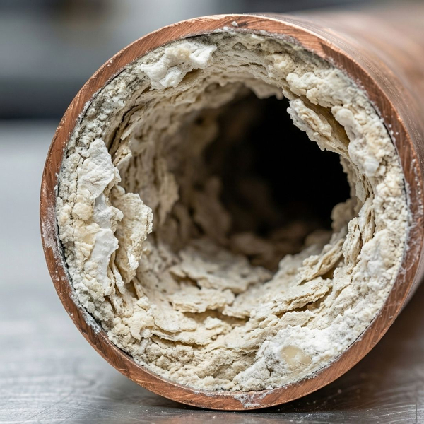 Close-up of mineral sediment and calcium scale buildup inside a pipe