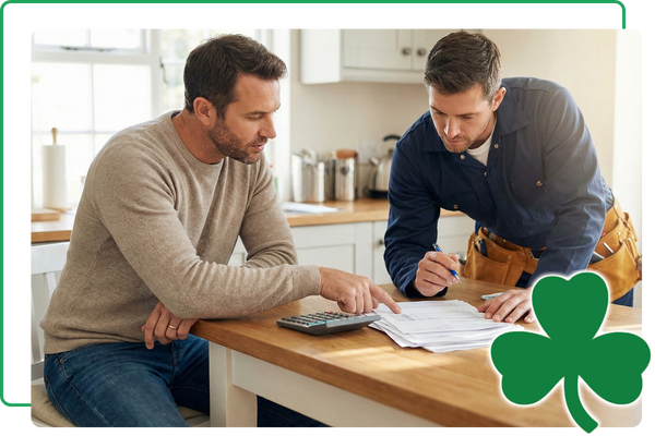 Homeowner discussing financing paperwork with service professional