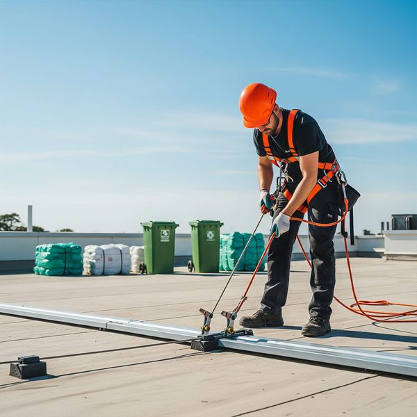 Construction worker in safety harness on a commercial roof, with recycling bins in background. image3.jpg