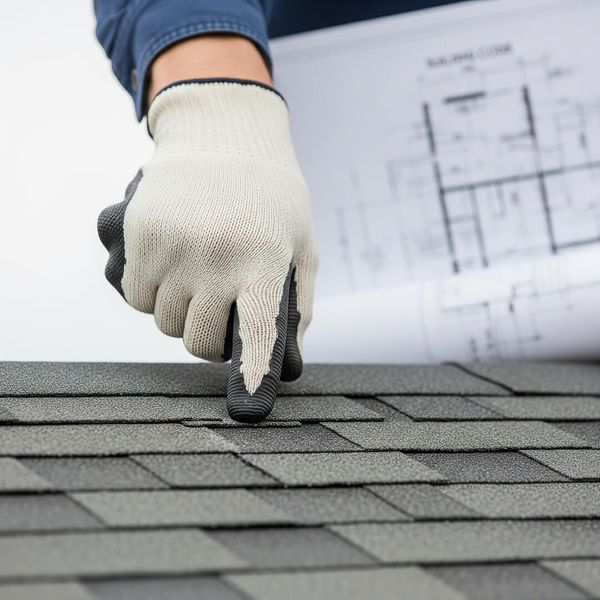 Gloved hand pointing at a commercial roof, overlaid with a subtle blueprint to represent building codes. image1.jpg