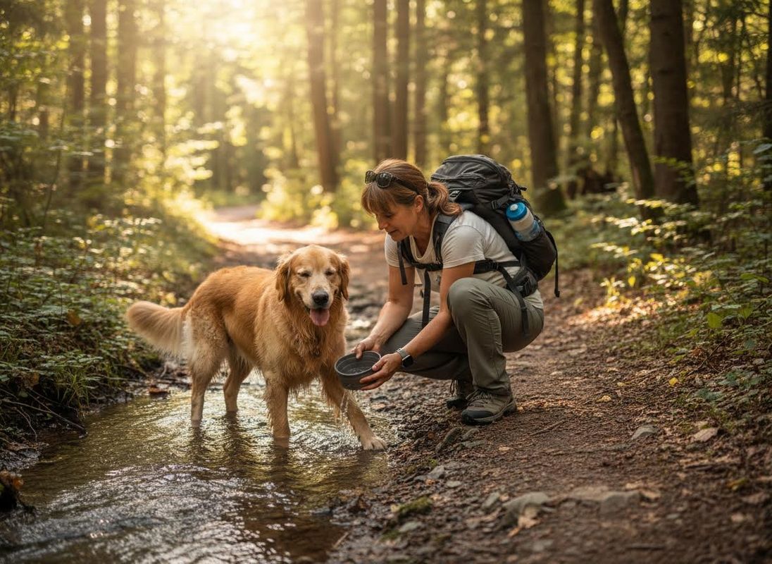 Hiker Giving Water to Golden Retriever in Forest Stream