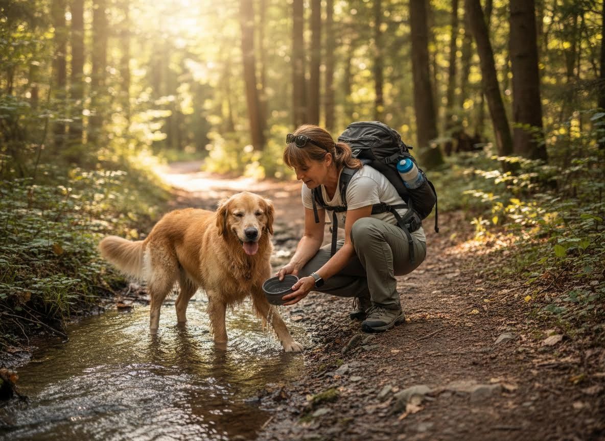 Hiker Giving Water to Golden Retriever in Forest Stream