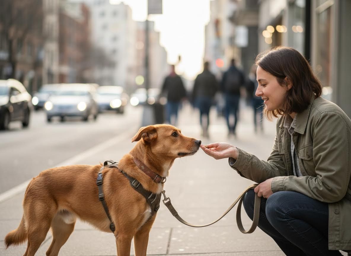Woman Giving Treat to Dog on City Street