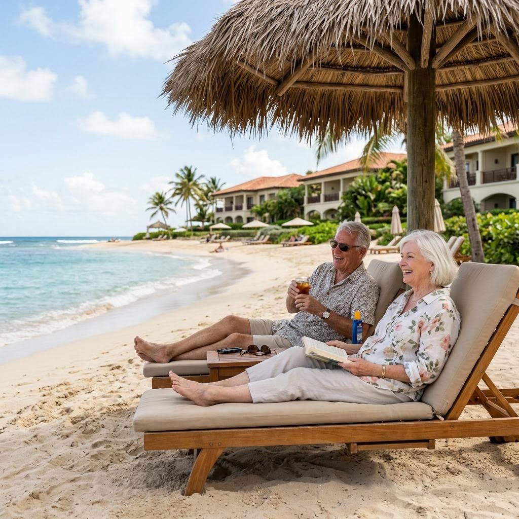 a beachfront resort, seniors relaxing