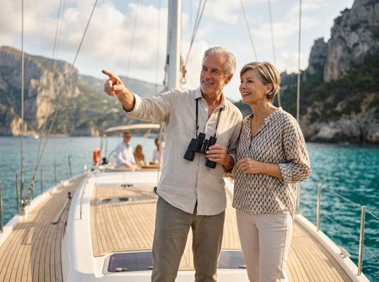 A happy older couple on a sailboat, the man pointing ahead with binoculars, enjoying a sunny day on the water. Smiling senior couple on a yacht pointing at the scenery