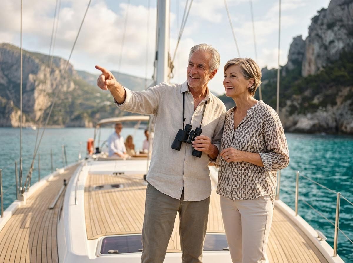 Smiling senior couple on a yacht pointing at the scenery