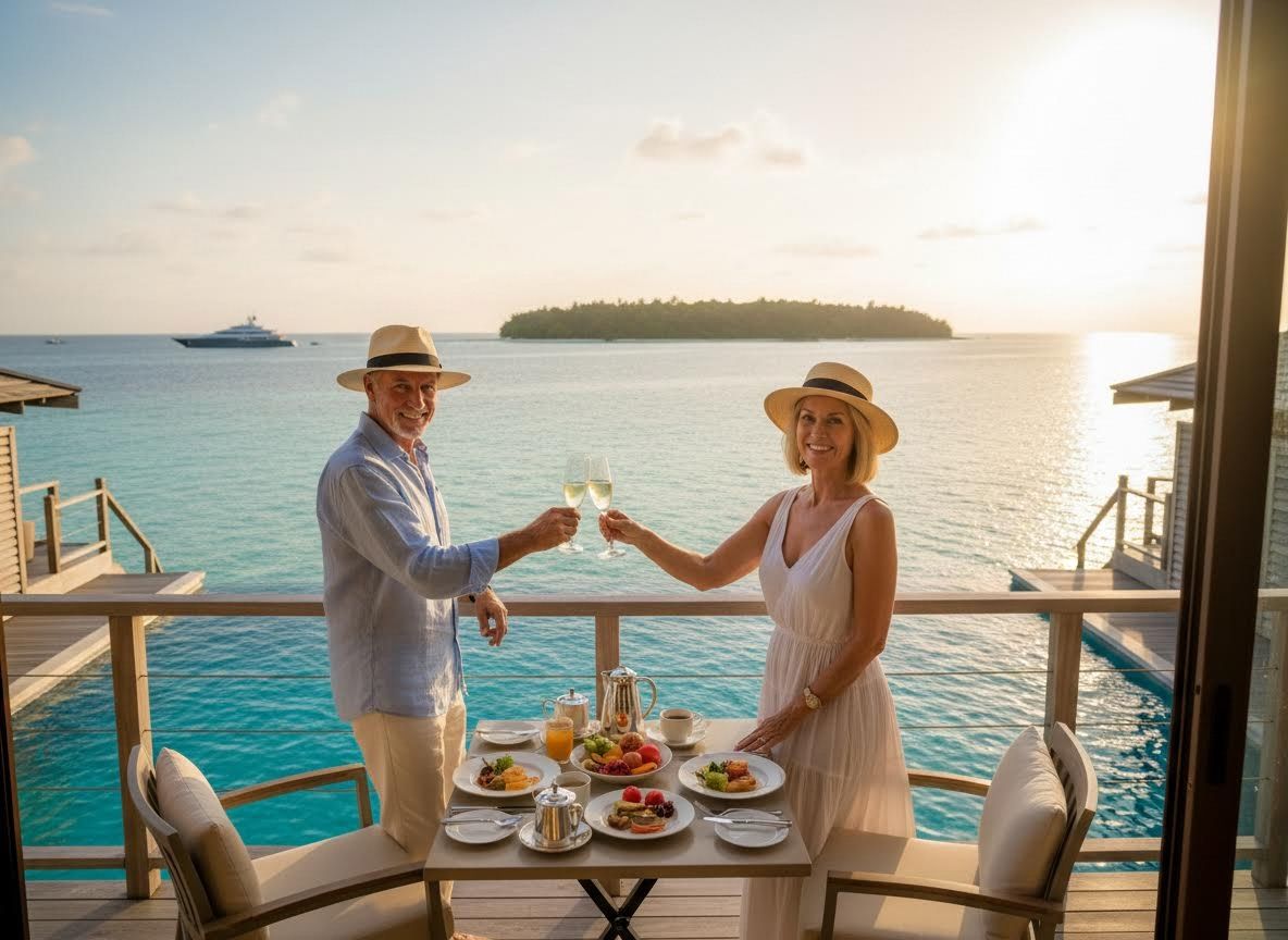 Couple Toasting with Champagne on Overwater Balcony