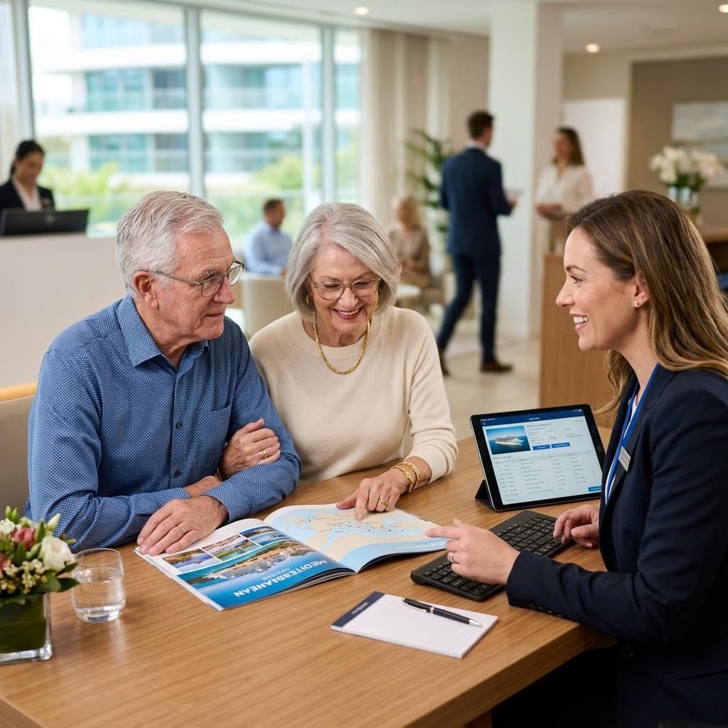 concierge helping a senior couple plan a cruise