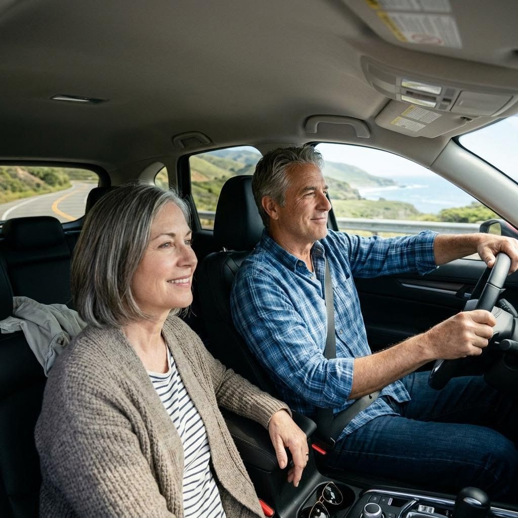 a 60-year old couple driving their car heading to their vacation. they look relaxed