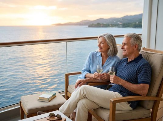 A smiling senior couple sips white wine on a cruise ship balcony, overlooking a beautiful ocean sunset with distant land. Happy mature couple enjoying sunset on cruise balcony