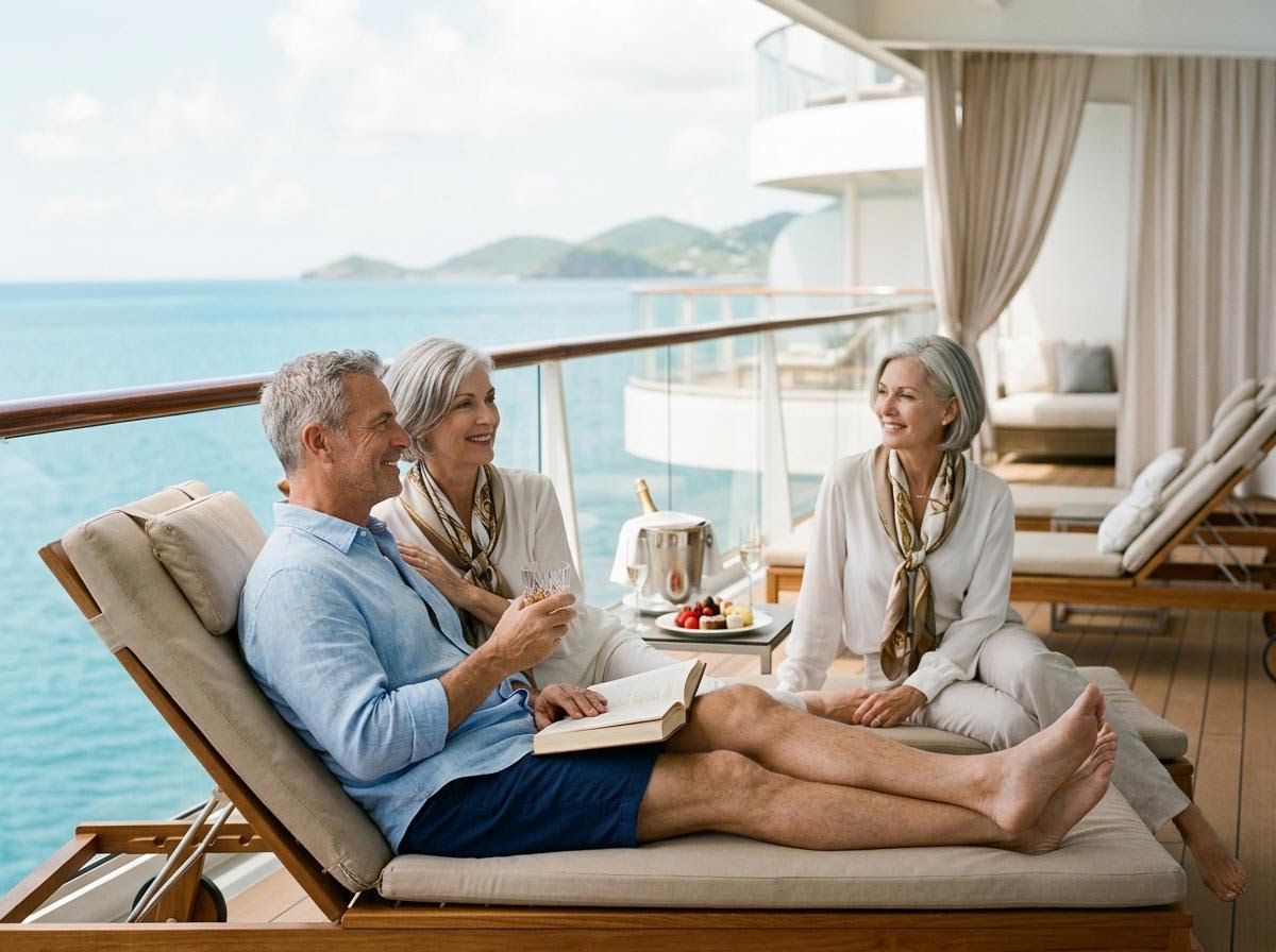 Senior adults relaxing on a cruise ship balcony