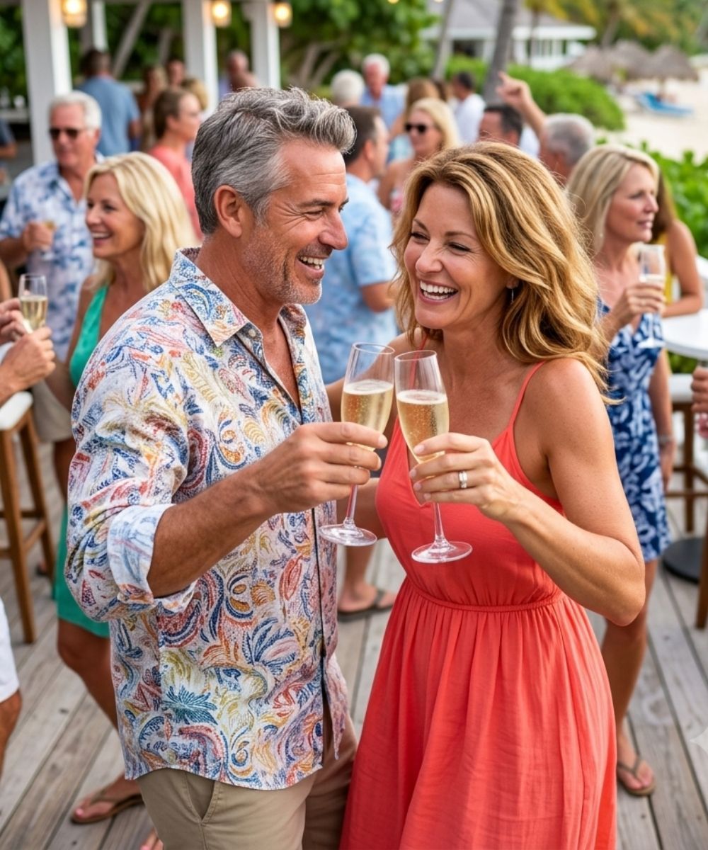 A happy, elegant middle-aged couple laughing and toasting with champagne flutes at a lively outdoor beach resort cocktail party. A happy, elegant middle-aged couple laughing and toasting with champagne flutes at a lively outdoor beach resort cocktail party.