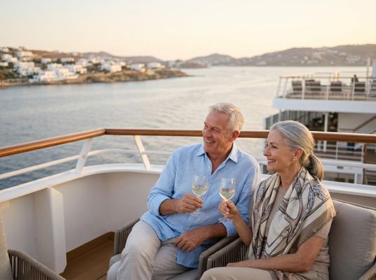 A happy older couple sits on a cruise ship deck at sunset, clinking white wine glasses with a beautiful coastal town behind them. Senior couple enjoying a cruise vacation with wine