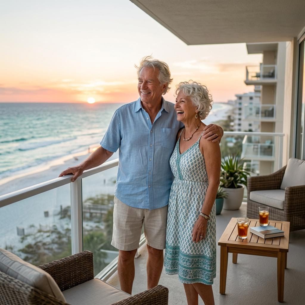 senior couple vacationing at a beachside condo
