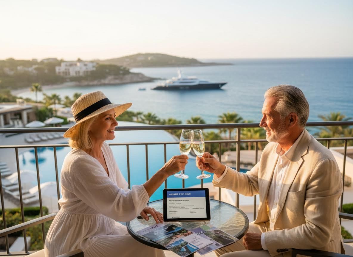 Mature Couple Toasting Champagne on Luxury Balcony with Ocean View