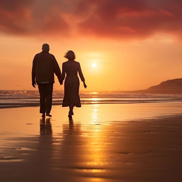 older couple walking beach during sunset older couple walking beach during sunset