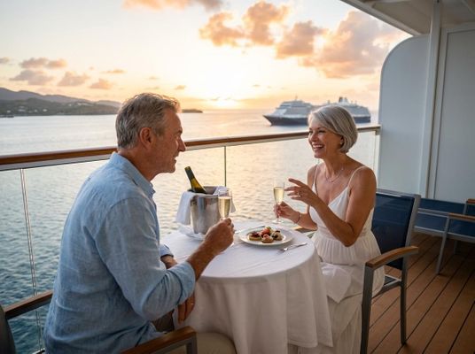 A happy senior couple toasts with champagne on a cruise ship balcony at sunset, with a view of the sea and another ship. Romantic cruise ship dining at sunset for a senior couple