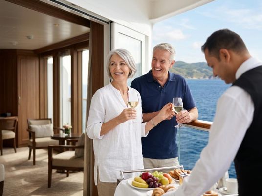 A happy senior couple enjoys breakfast and wine on their cruise ship balcony overlooking the ocean, served by a waiter. Senior Couple Enjoying Balcony Breakfast on Cruise