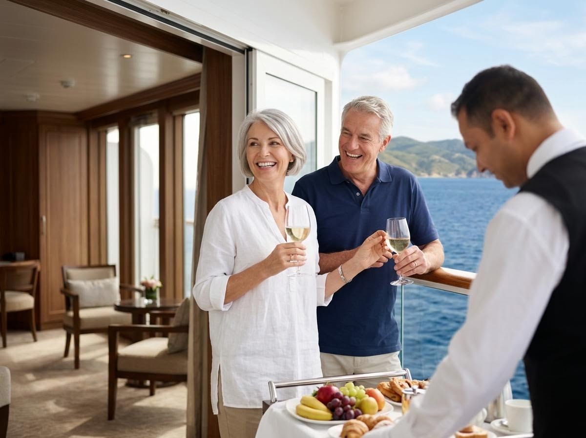 Senior Couple Enjoying Balcony Breakfast on Cruise