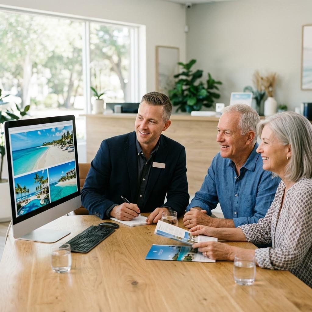 concierge helping a senior couple plan a beachfront vacation