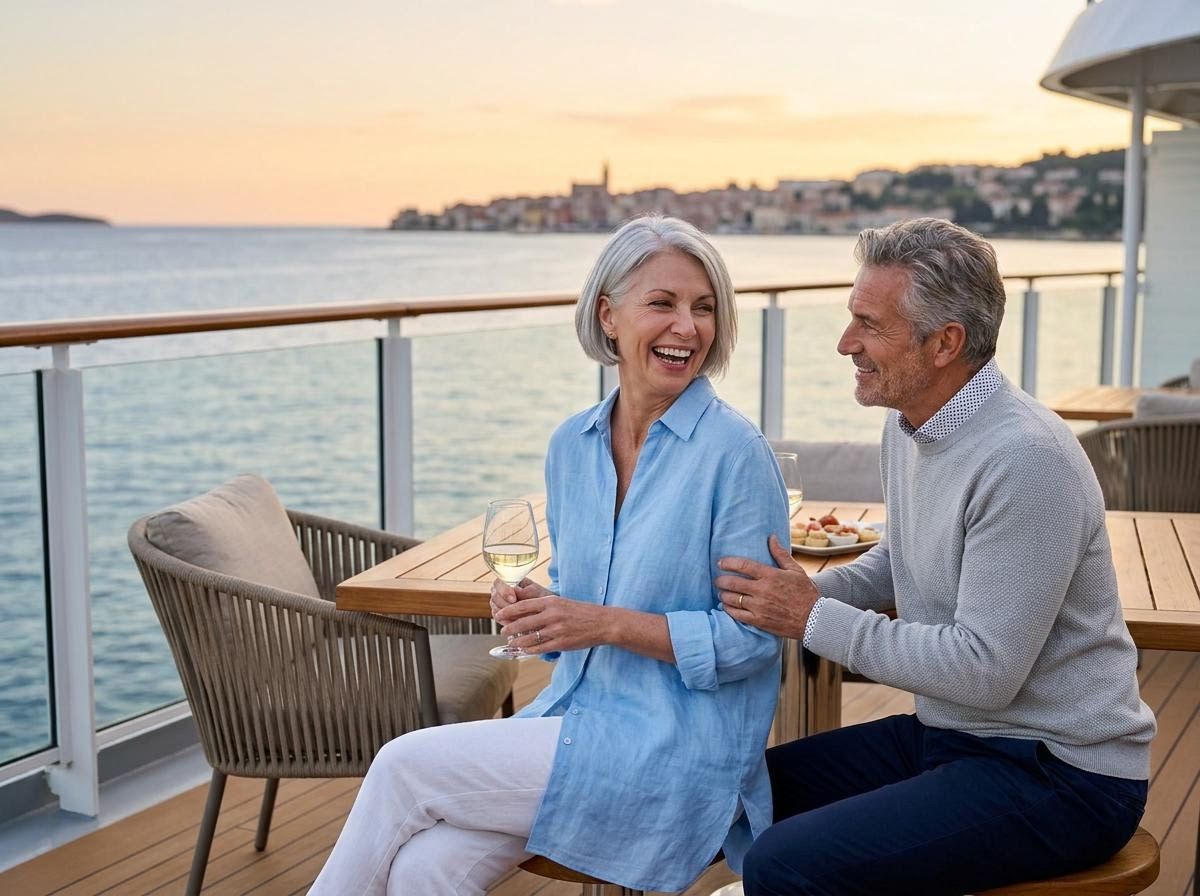 Happy senior couple relaxing on a cruise balcony