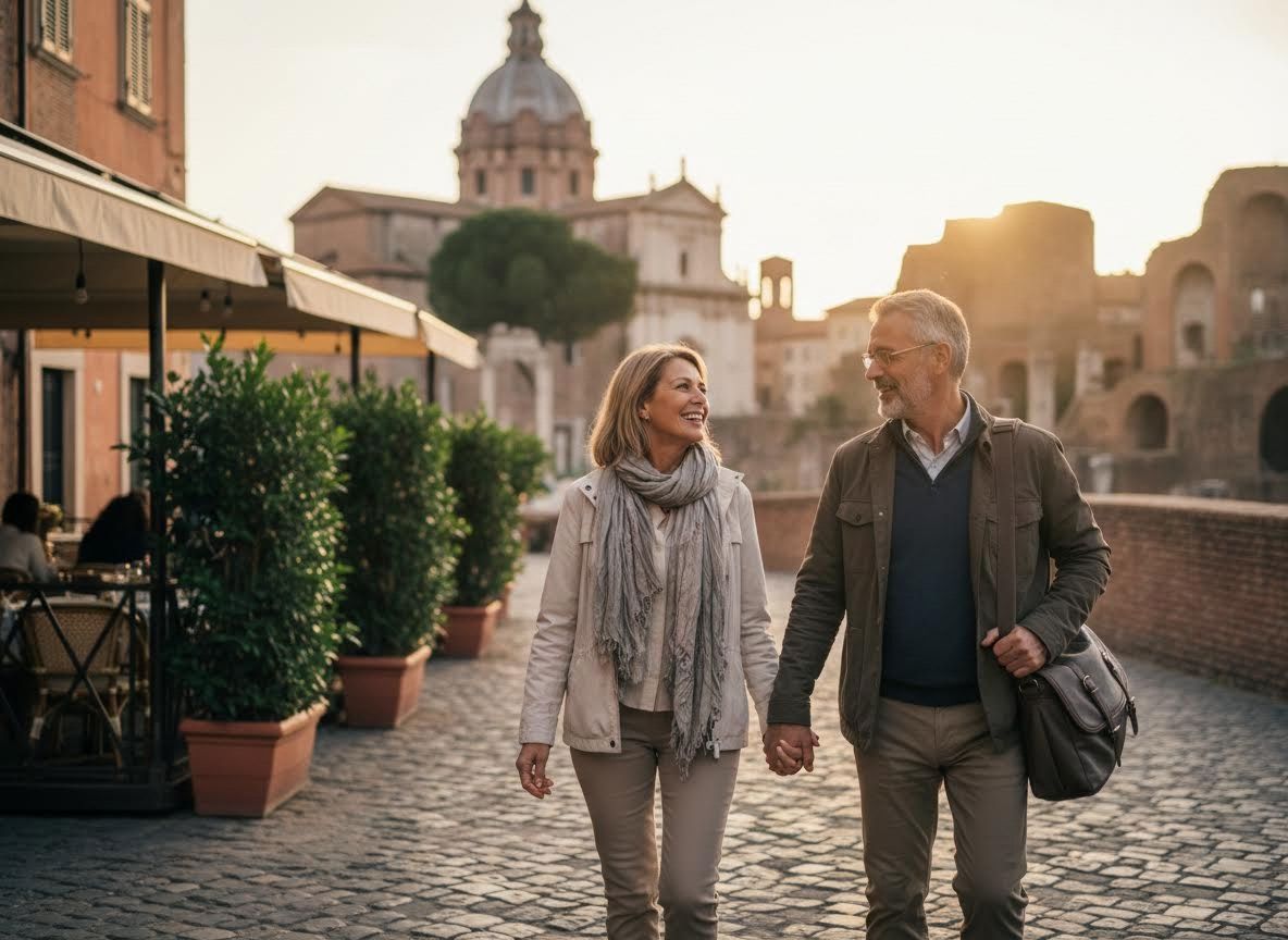 Happy senior couple holding hands on a historic street