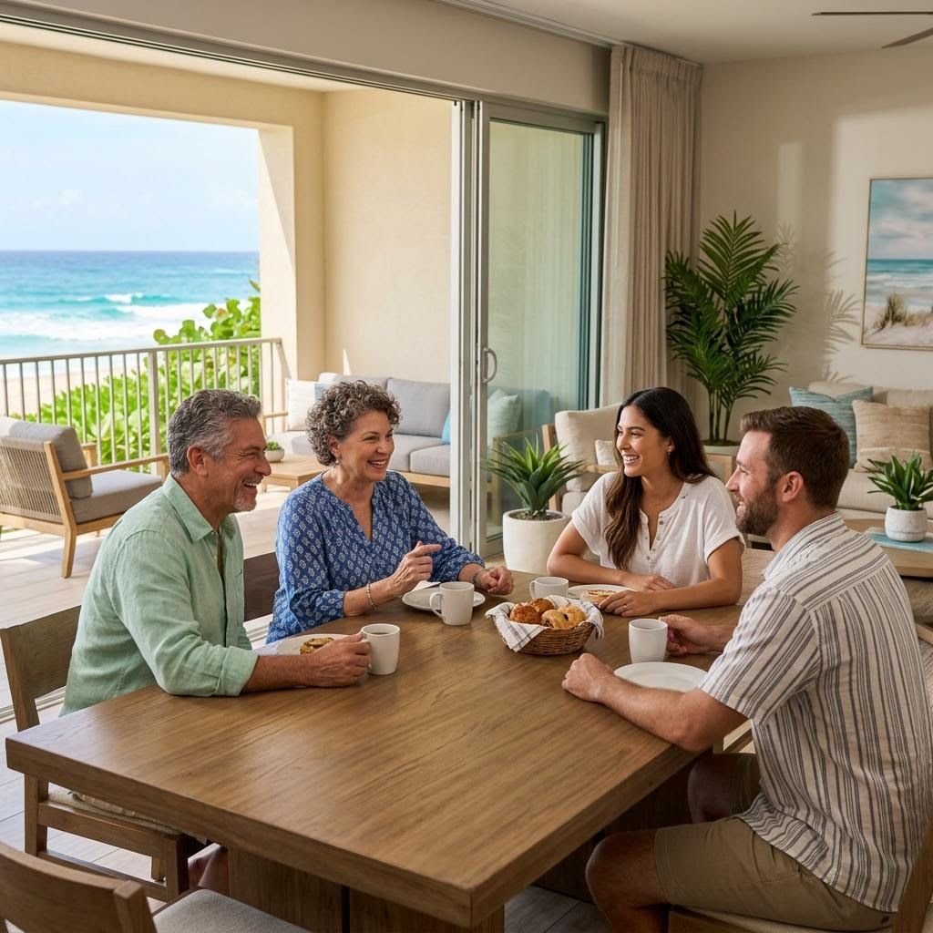 an adult family vacationing in a private condo