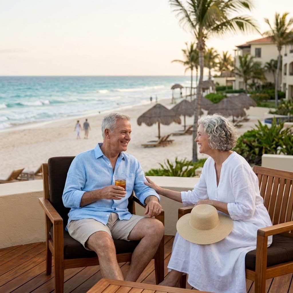 senior couple at a beachfront resort in Mexico