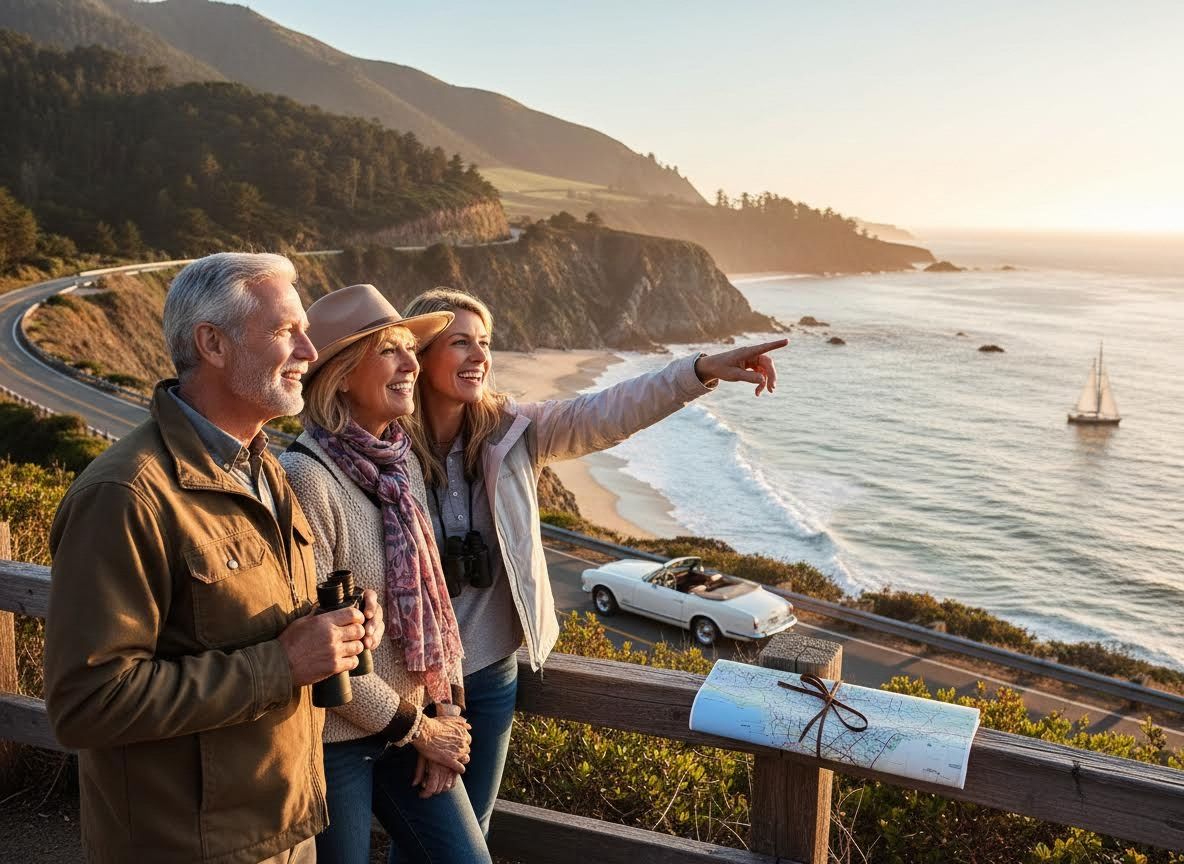 Family and Friend on Scenic Coastal Road Trip at Sunset