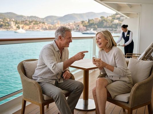 A happy senior couple shares a laugh on a cruise ship balcony, overlooking a scenic coastal town and blue ocean. Happy senior couple laughing on a cruise ship balcony