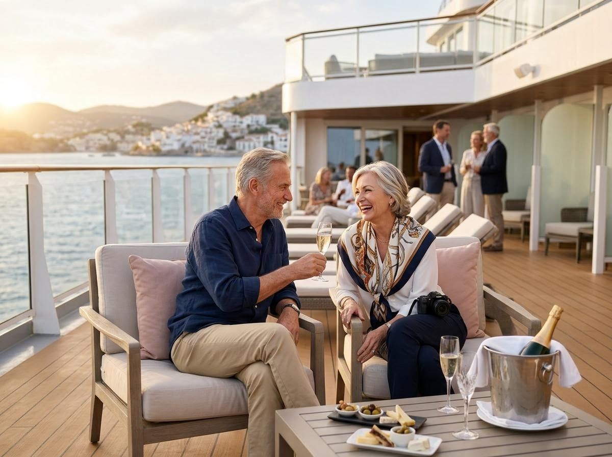 Senior couple enjoying champagne on a cruise deck at sunset