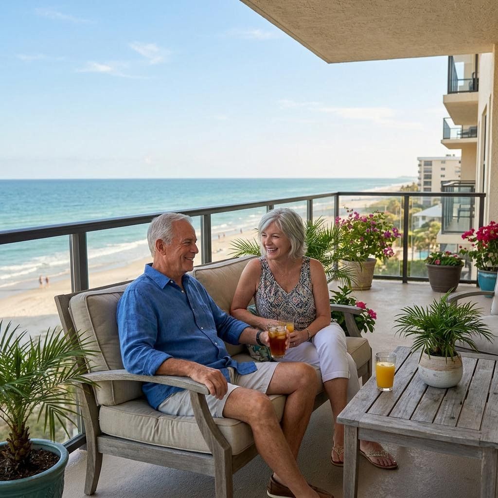 senior couple enjoying vacation at a beachfront condo