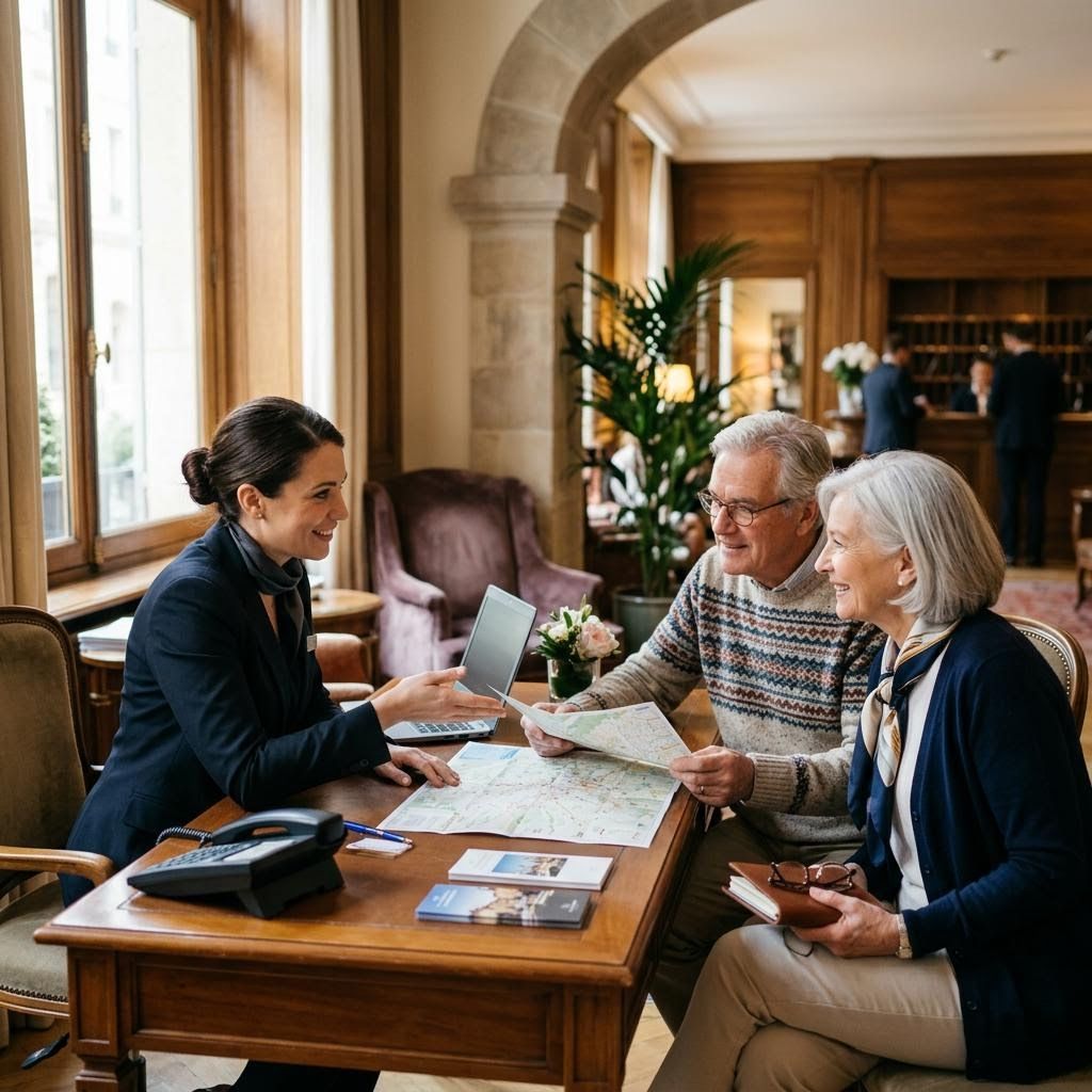 concierge in a European boutique hotel meeting with a senior couple on vacation