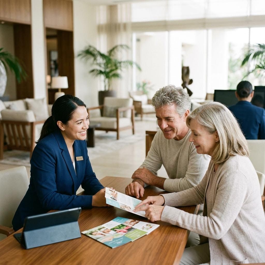 a concierge helping a 60-year-old couple plan a spa treatment