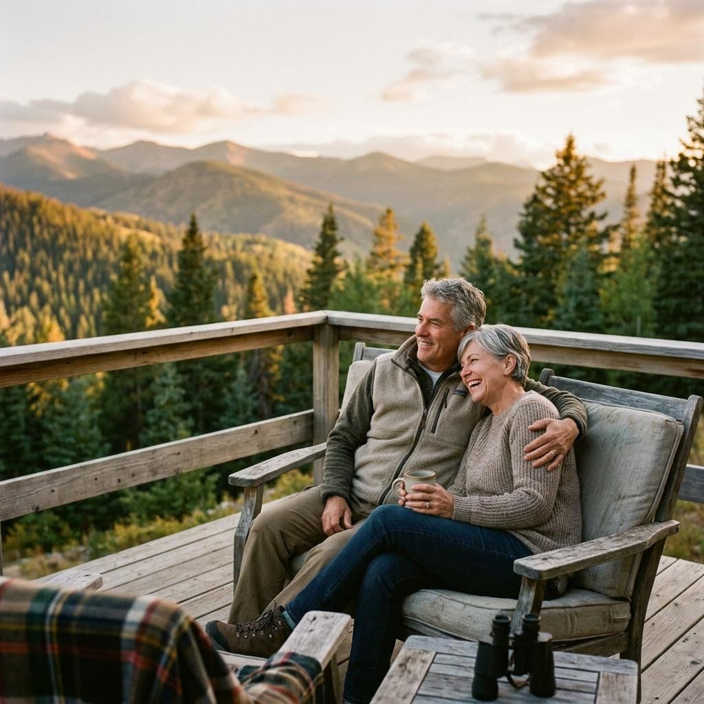 60-year old couple vacationing in the mountains, relaxing and enjoying life