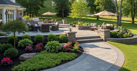 Beautiful residential outdoor living space with decorative hardscaping