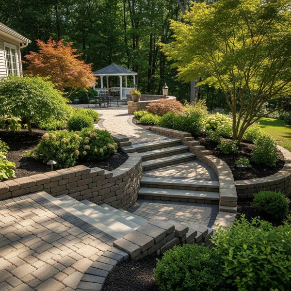 Decorative outdoor stairs connecting residential landscape levels Decorative outdoor stairs connecting residential landscape levels