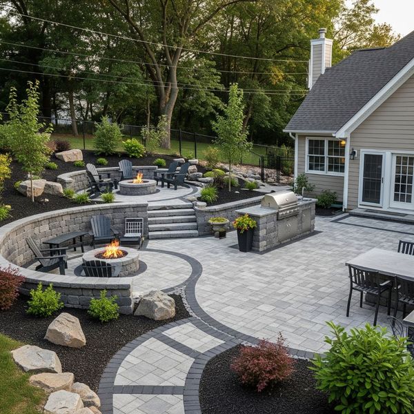 Transformed residential backyard with new hardscape features Transformed residential backyard with new hardscape features