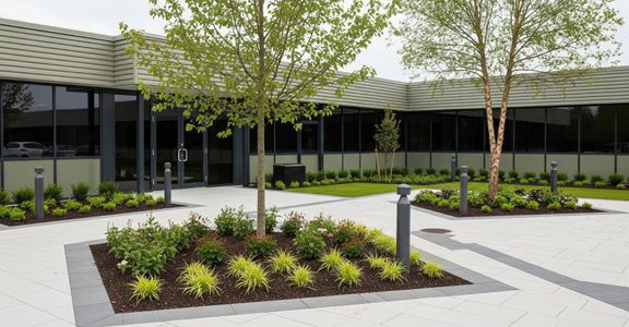 pristine landscaping in front of a commercial property